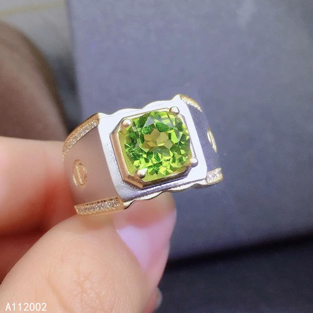 Fine Jewelry Natural Peridot Real 925 Sterling Silver Part Gold Plated Adjustable Men Ring Support Test Classic Good Gift