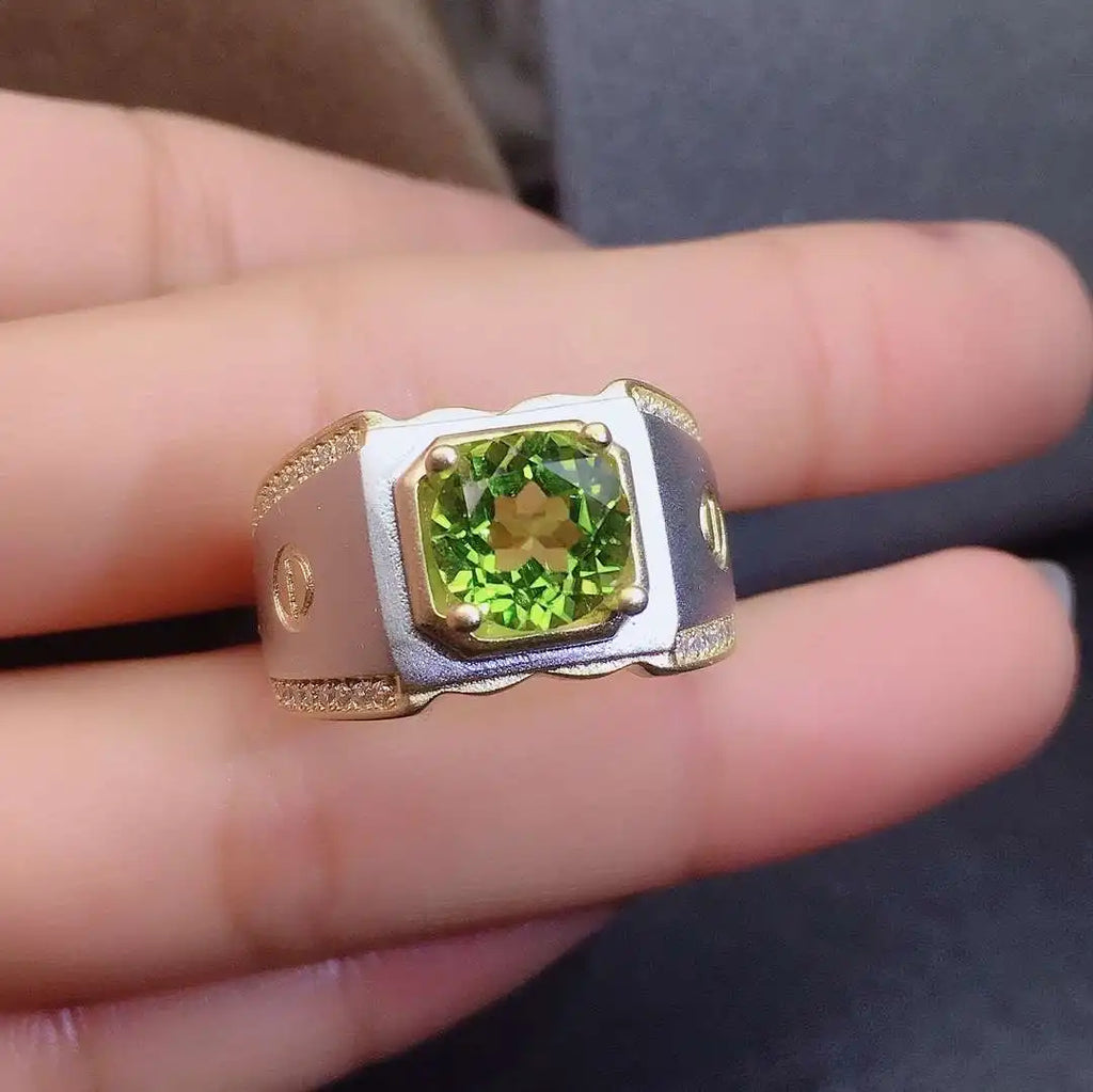 Fine Jewelry Natural Peridot Real 925 Sterling Silver Part Gold Plated Adjustable Men Ring Support Test Classic Good Gift