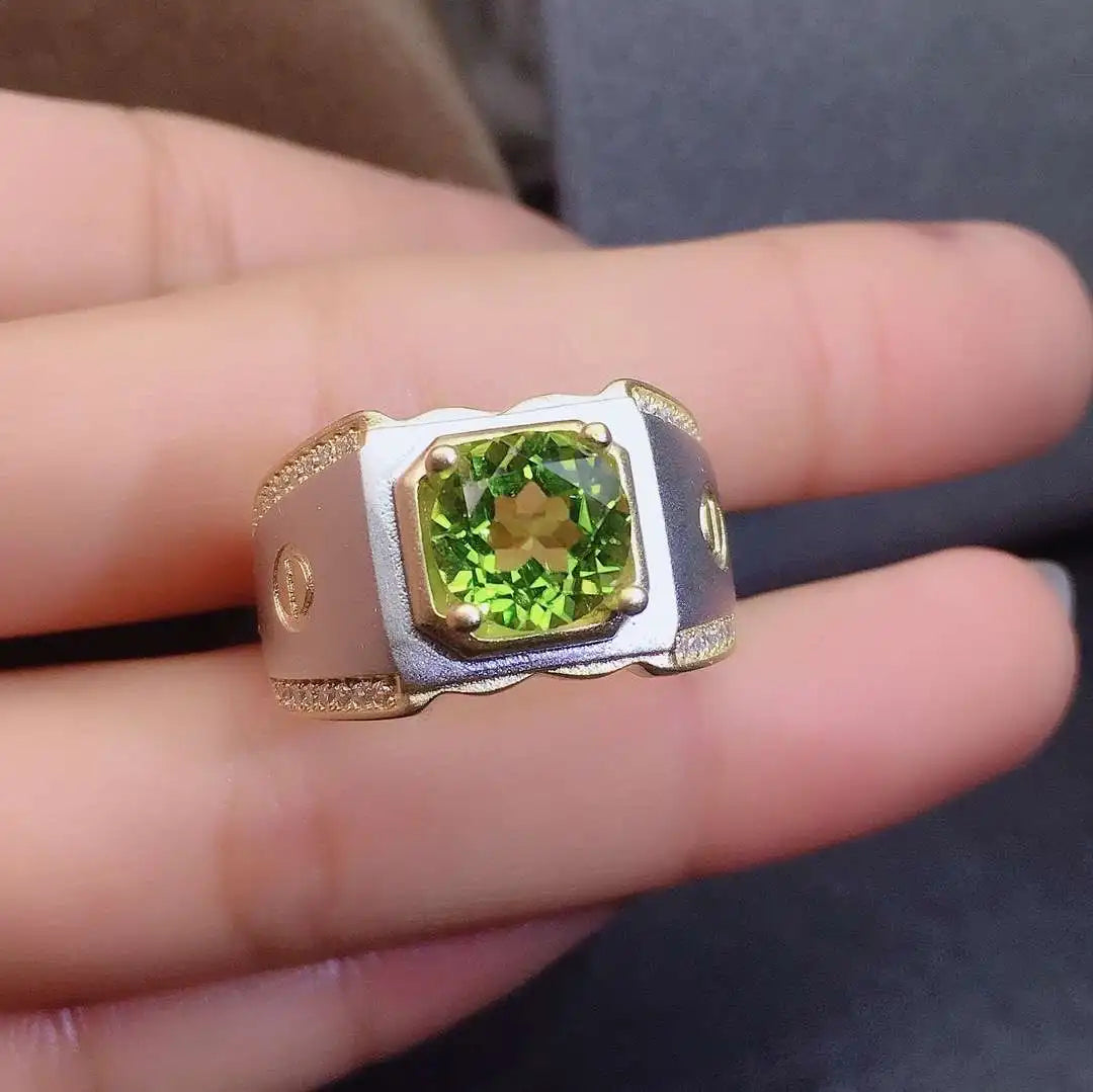 Fine Jewelry Natural Peridot Real 925 Sterling Silver Part Gold Plated Adjustable Men Ring Support Test Classic Good Gift