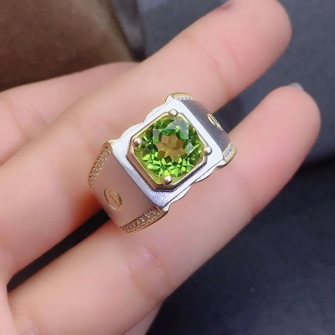 Fine Jewelry Natural Peridot Real 925 Sterling Silver Part Gold Plated Adjustable Men Ring Support Test Classic Good Gift
