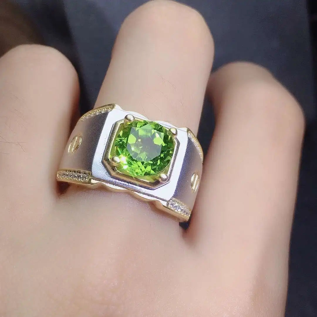 Fine Jewelry Natural Peridot Real 925 Sterling Silver Part Gold Plated Adjustable Men Ring Support Test Classic Good Gift