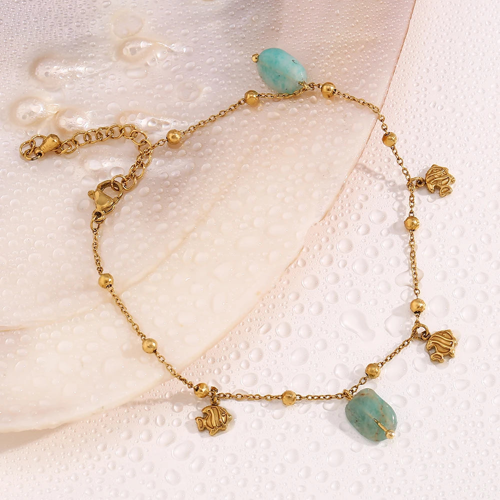 MamacitaSlay Elegant Natural Stone Amazonite Fish Pendant stainless steel anklet woman Waterproof Jewelry Accessories Gift