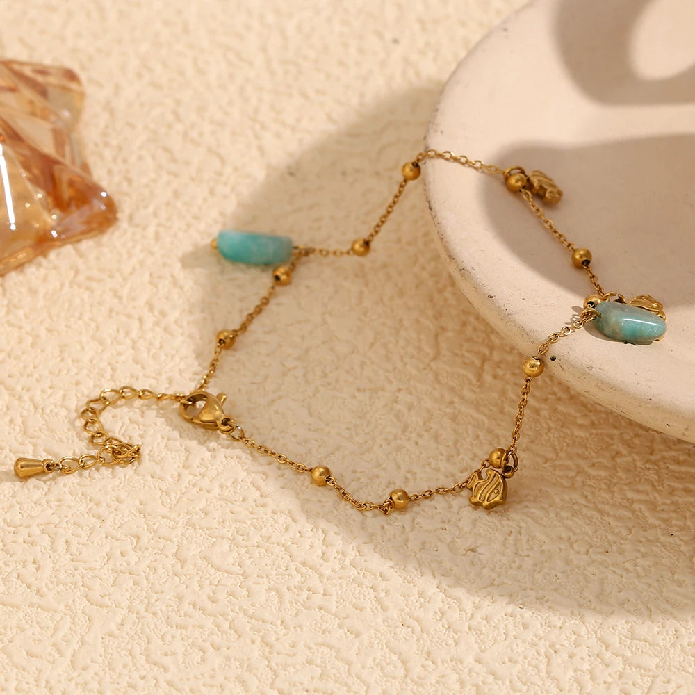 MamacitaSlay Elegant Natural Stone Amazonite Fish Pendant stainless steel anklet woman Waterproof Jewelry Accessories Gift