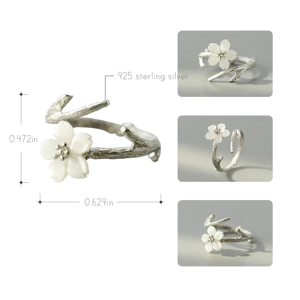 Thaya White Cherry Blossom Silver Rings s925 Silver Natural Pearl Shell Flower Rings for Women Elegant Ladies Jewelry For Couple