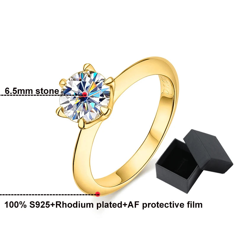 Smyoue 18k Gold Plated 1ct Moissanite Ring for Women Sparkling Classic Wedding Promise Band 925 Sterling Silver Jewelry 3 Colors