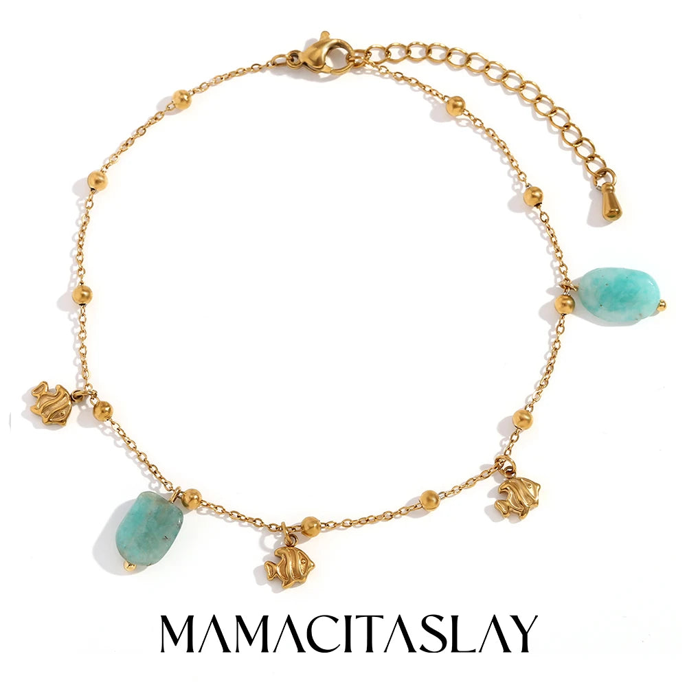MamacitaSlay Elegant Natural Stone Amazonite Fish Pendant stainless steel anklet woman Waterproof Jewelry Accessories Gift