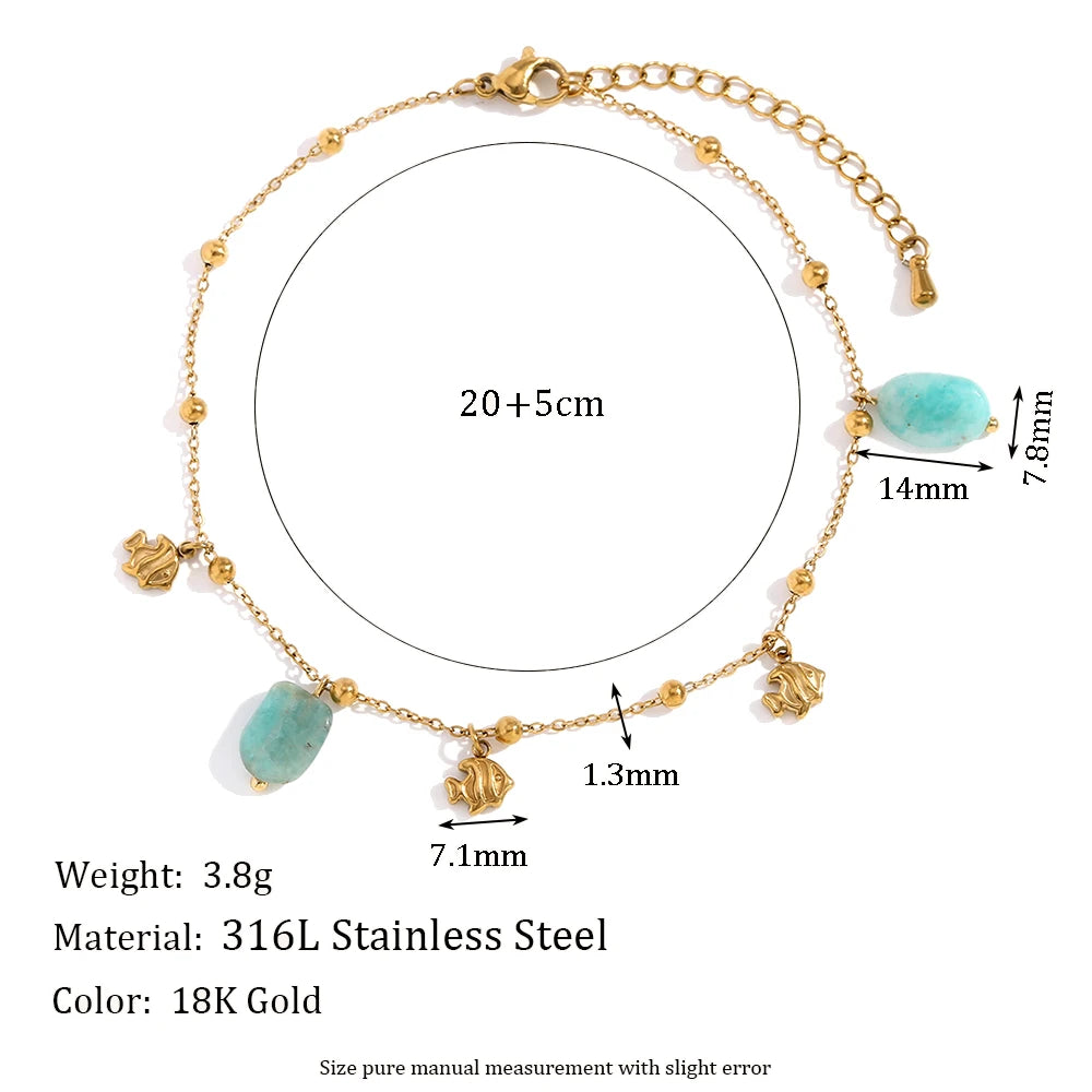 MamacitaSlay Elegant Natural Stone Amazonite Fish Pendant stainless steel anklet woman Waterproof Jewelry Accessories Gift