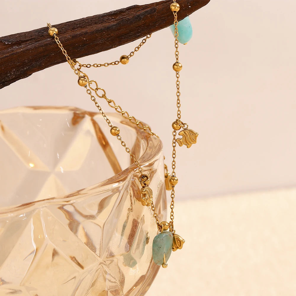 MamacitaSlay Elegant Natural Stone Amazonite Fish Pendant stainless steel anklet woman Waterproof Jewelry Accessories Gift