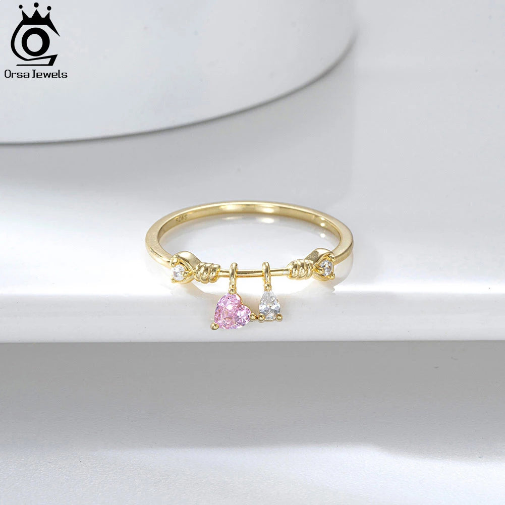 ORSA JEWELS Fashion 925 Sterling Silver Heart CZ Eternity Rings Women's 14K Gold Handmade AAAA Zircon Finger Rings Jewelry SR312