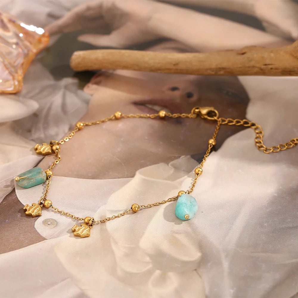 MamacitaSlay Elegant Natural Stone Amazonite Fish Pendant stainless steel anklet woman Waterproof Jewelry Accessories Gift